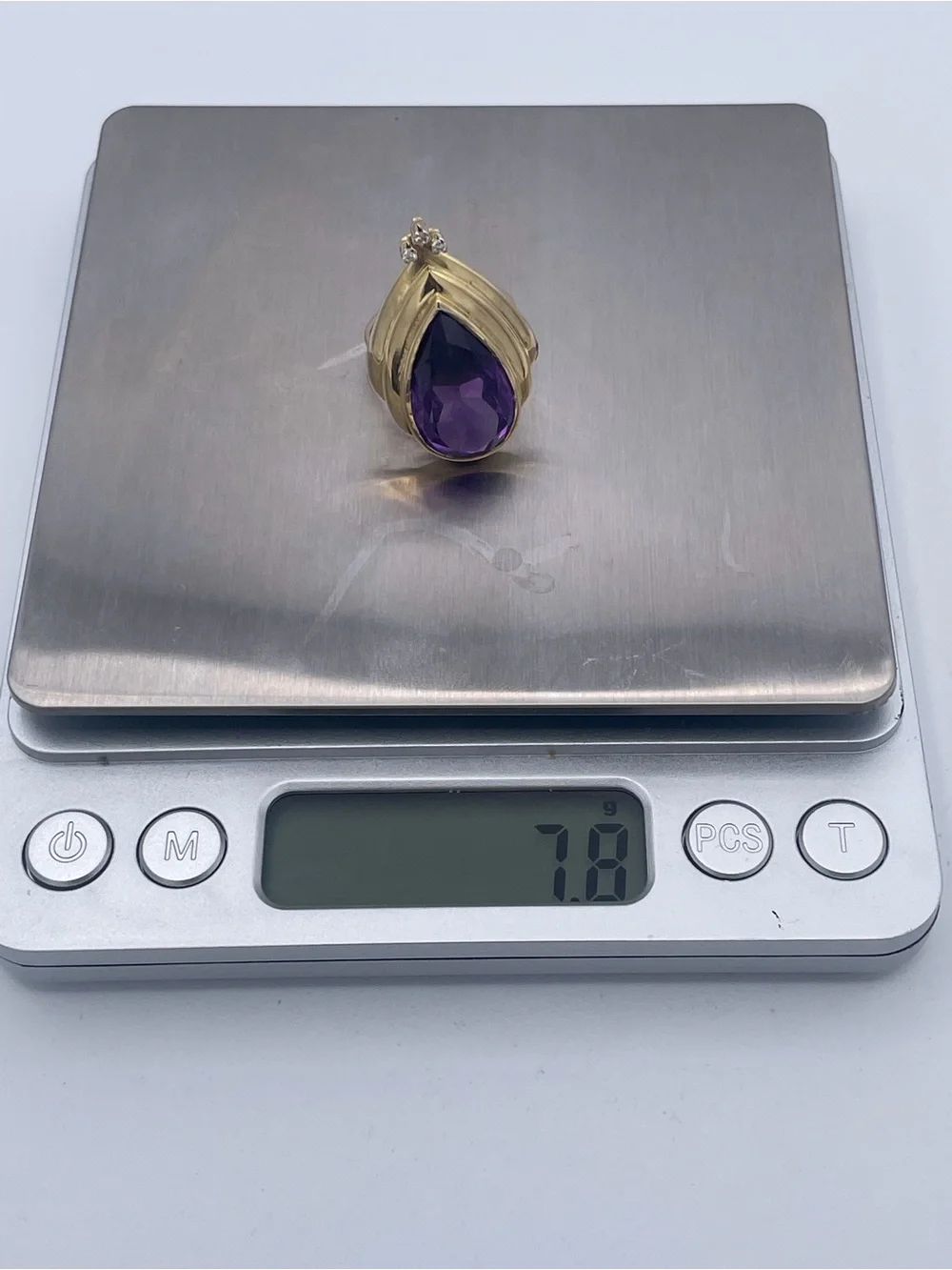 Mid-Century 14K Gold Pear Shaped Amethyst White Sapphire Accent Ring Vintage